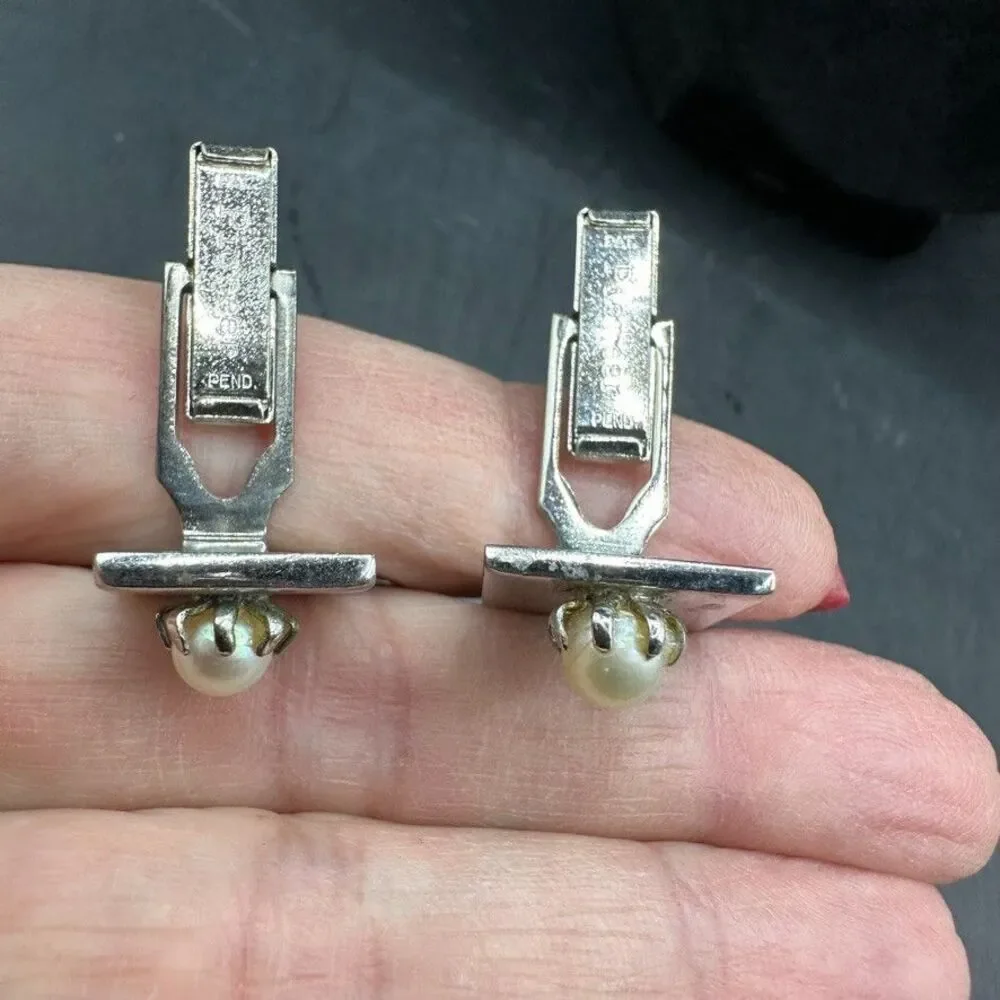 Pioneer Silver Cufflinks Pearl Tuxedo Studs Rectangle Formal Wedding Vintage